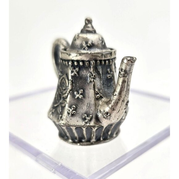Vintage Pewter Silver Miniature Teapot Figurine With Rose Design Operable je197 - Picture 4 of 7